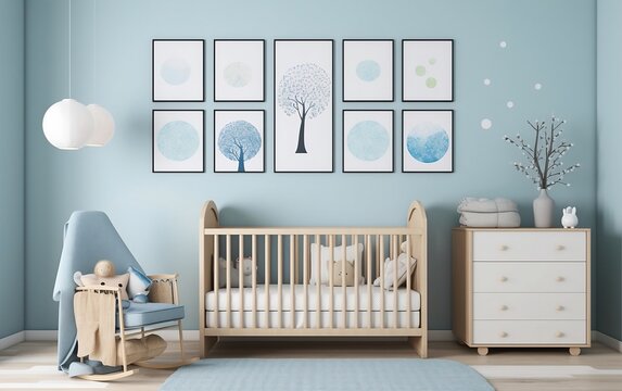 Blue nursery with armchair and crib with nine pictures on the wall created with Generative AI technology