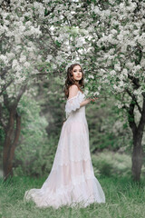 Obraz na płótnie Canvas A beautiful young girl in a white floor-length lace dress in a blooming apple orchard