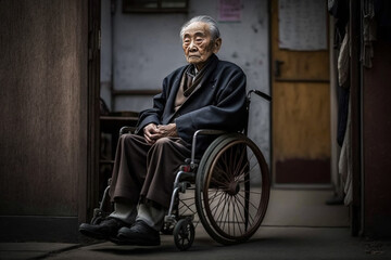 Fototapeta na wymiar 車椅子に座る高齢男性：AI生成画像