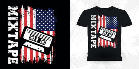 American Flag Funny Old School Hip Hop Retro Vintage Cassette Music Mixtape T-shirt Design