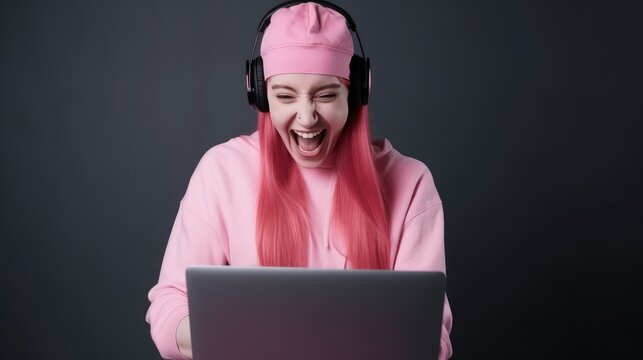girl gamer rejoices celebrates the victory in the computer game esports woman cybersports pink background
