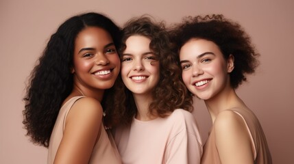 Girls woman multiracial multinational happy laughing on one color monochrome background pastel color