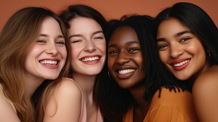 Girls woman multiracial multinational happy laughing on one color monochrome background pastel color