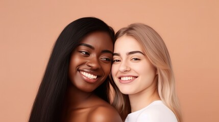 Girls woman multiracial multinational happy laughing on one color monochrome background pastel color