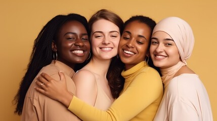 Obraz premium Girls woman multiracial multinational happy laughing on one color monochrome background pastel color