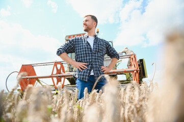 Farmer In Wheat Field Inspecting Crop. Farmer in wheat field with harvester