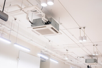 Ceiling mounted cassette type air condition units with other parts of ventilation system with...