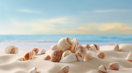 Fototapeta na wymiar a starfish and sea shells lying on the sand background, sea 