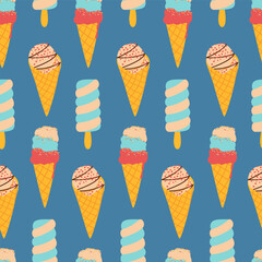 Colorful ice cream vector seamless pattern. Types of dessert. Ice cream on a stick and waffle corn. Color minimalistic summer illustration. Ideal for cards, typography and web.