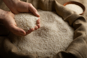 Human hands holding handful of rice over burlap sack