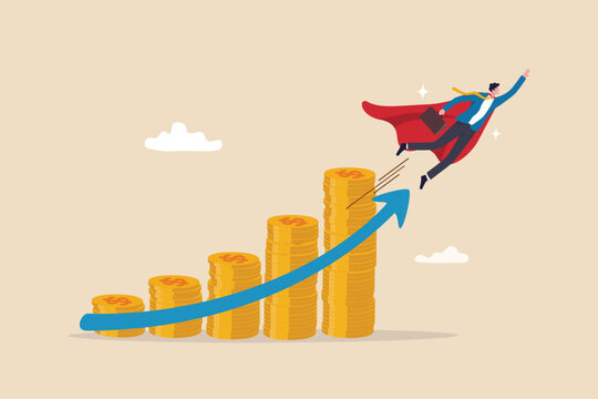 Money growth investment growing profit or compound interest, financial planning or increase revenue or income, wealth accumulation concept, success businessman superhero flying up money coins stack.