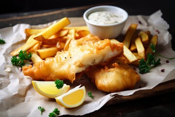 A close-up view of a fish and chips dish featuring succulent battered fish and crispy fries. (Generative AI)