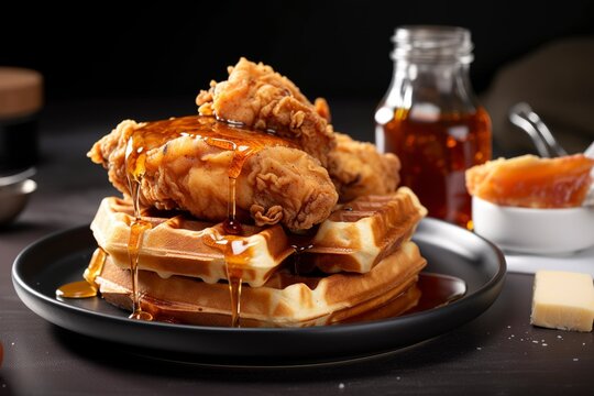 A mouth-watering, crispy fried chicken and waffles dish. (Generative AI)