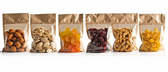 Isolated dried fruits and nuts in a doypack package on a white background Generative AI