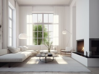 Fototapeta premium Minimal white modern living room with modern comfortable furniture. Generative AI