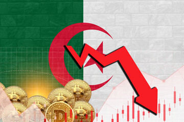 Algeria flag in wall texture with stock rate decrease and crypto currency graph illustration poster...