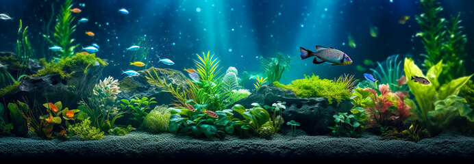 Obraz na płótnie Canvas aquarium, colorful underwater world with fish and plants, banner with copy space, made with Generative AI