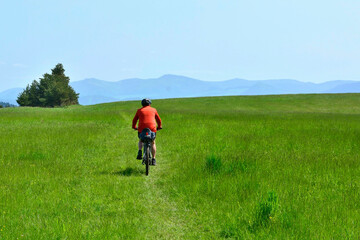 Naklejka na ściany i meble Back view of elderly man in helmet riding bicycle on grass hill. Misty mountains in the background