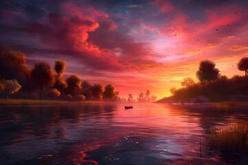 A breathtaking sunset over a tranquil lake, casting vibrant hues of orange and pink across the water, capturing the essence of serenity and natural beauty.