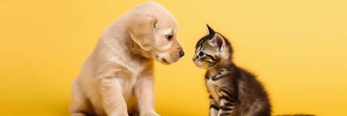 Cute dog puppy and cat kitten on yellow background, space for text. Banner design. Generative ai