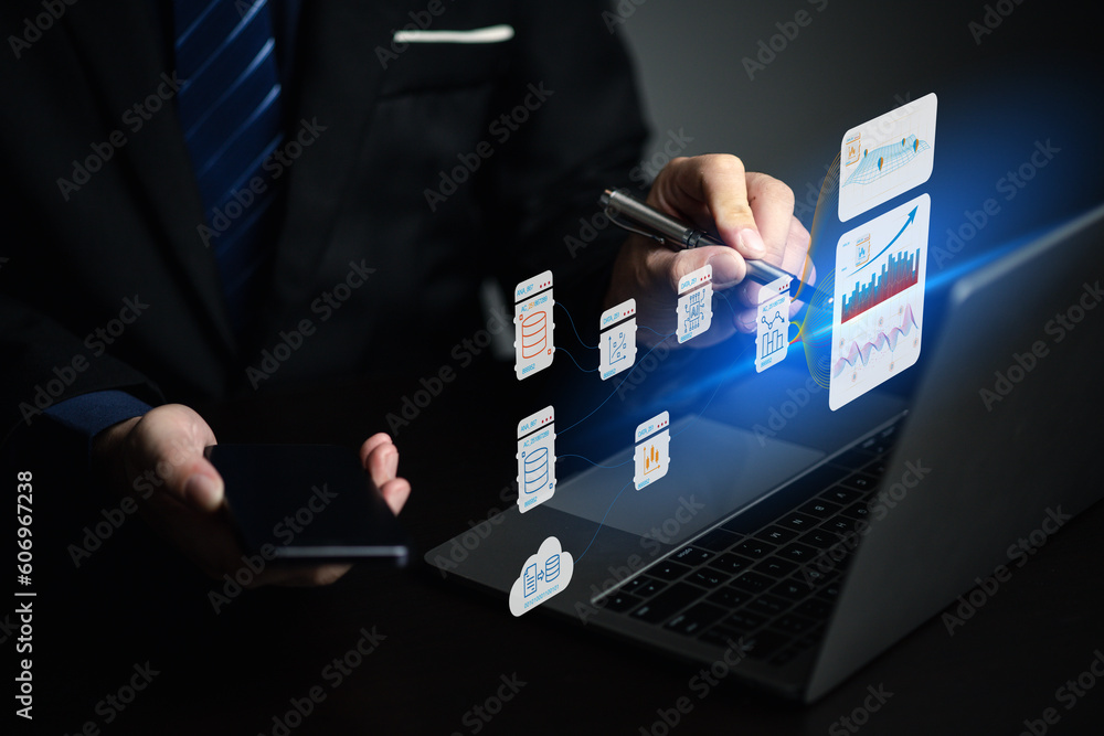 Poster businessman working with holograms showing business graphs and various information in work, using te