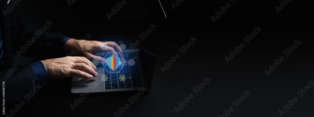 Poster businessman with encrypted hologram to enter business management system, encryption secure sensitive