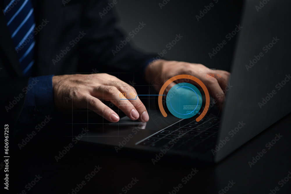 Fototapete businessman working with holograms showing business graphs and various information in work, using te
