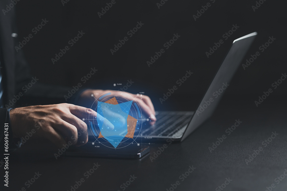 Fototapete businessman working with holograms showing business graphs and various information in work, using te