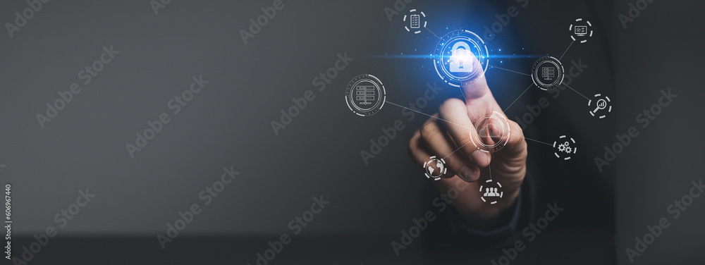 Fototapete businessman with encrypted hologram to enter business management system, encryption secure sensitive