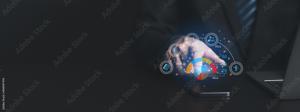 Poster businessman working with holograms showing business graphs and various information in work, using te