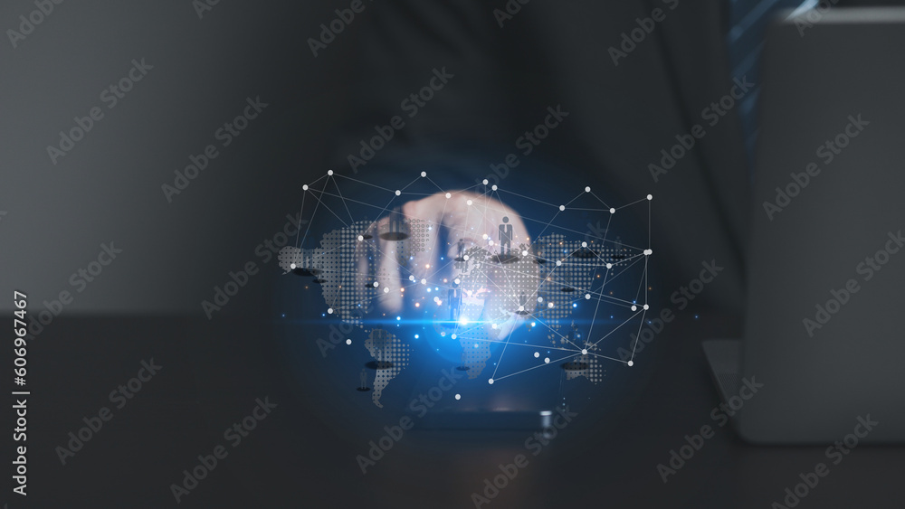 Fototapete businessman working with holograms showing business graphs and various information in work, using te