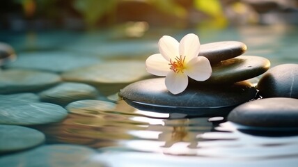 Fototapeta na wymiar Background of harmony and relaxation with a flower and stones in water. GENERATE AI