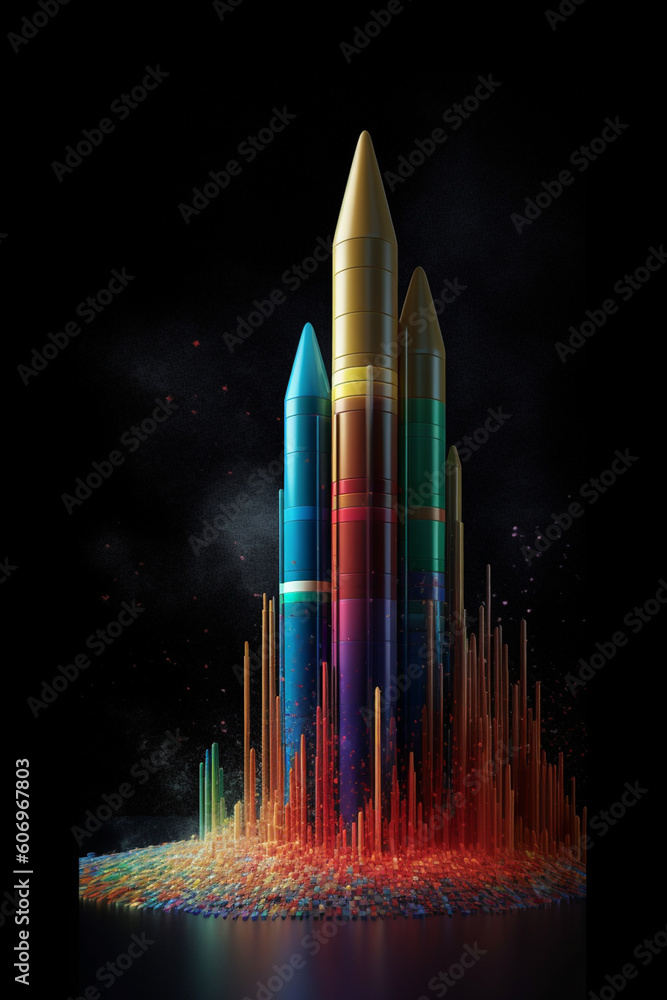 Poster a conceptual illustration of stock market chart lines transforming into a rocket, representing the p