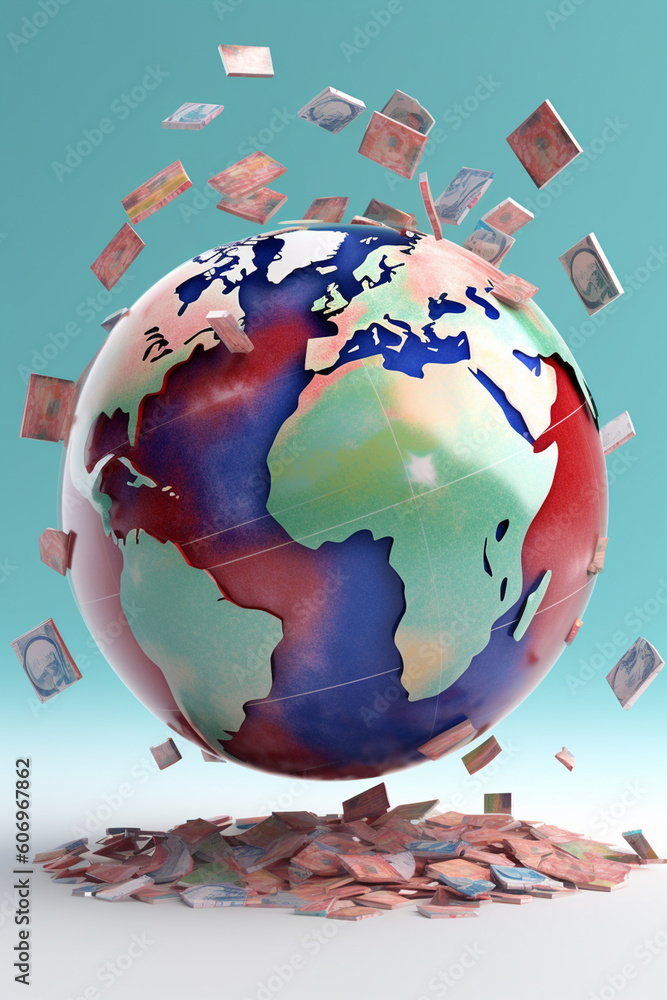 Aufkleber A composite image of a falling dollar symbol superimposed on a globe, emphasizing the global implications and effects of a declining currency.   Generative AI technology.