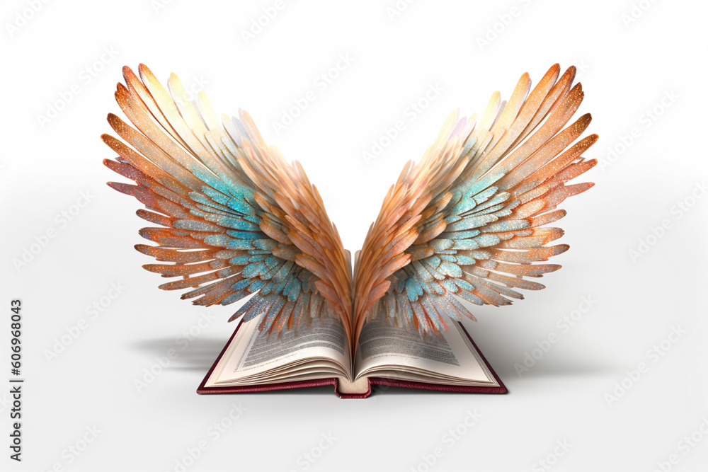 Poster a digital composition of a book with pages unfolding like wings, symbolizing the freedom and liberat