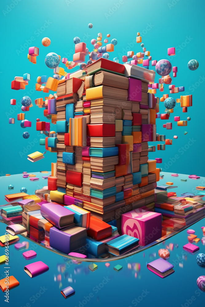 Leinwandbilder  A digital artwork featuring a floating book composed of colorful geometric shapes and patterns, representing the fusion of art.  Generative AI technology.