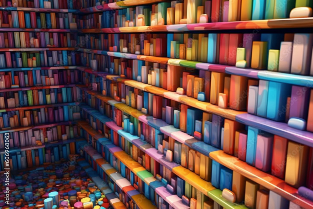 Aufkleber  An abstract digital painting of a bookshelf filled with colorful and surreal books, each book representing a different aspect of human experience and emotion.  Generative AI technology.