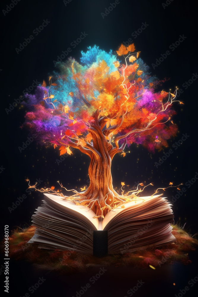 Poster an illustration of an abstract book merging with a tree, representing the intertwining relationship 