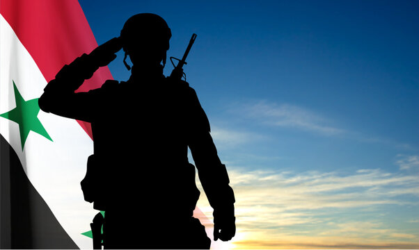 Silhouette of a saluting soldier on background of sky with Syria flag. EPS10 vector