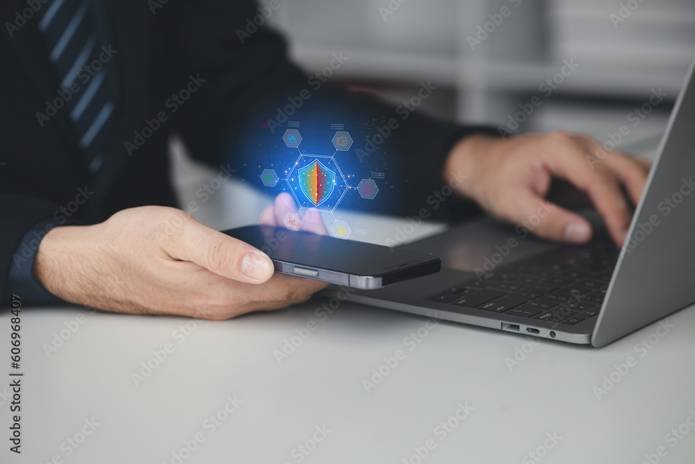 Poster businessman holding smartphone with encrypted hologram for business management login, encryption sec