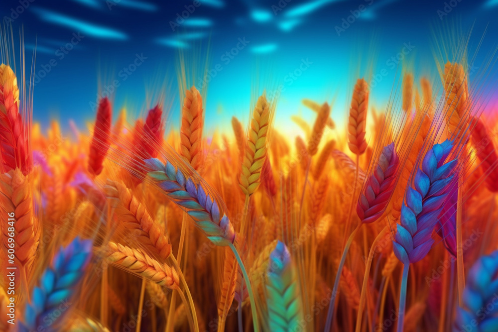 Aufkleber  A digitally manipulated image of a field of wheat ears in vibrant and surreal colors, creating a dreamlike and whimsical atmosphere.  Generative AI technology.