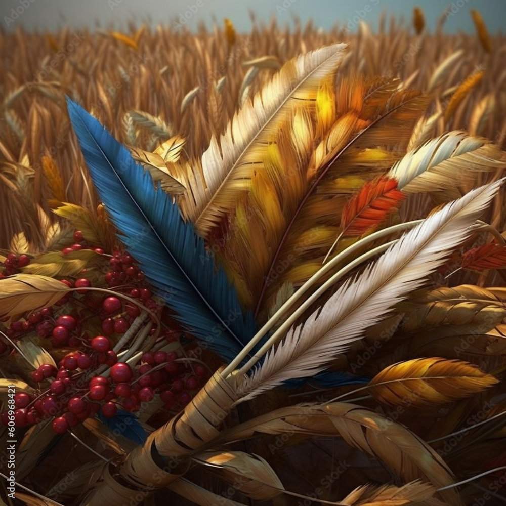Fototapete a creative composition of wheat ears intertwined with other elements, such as feathers or ribbons, c