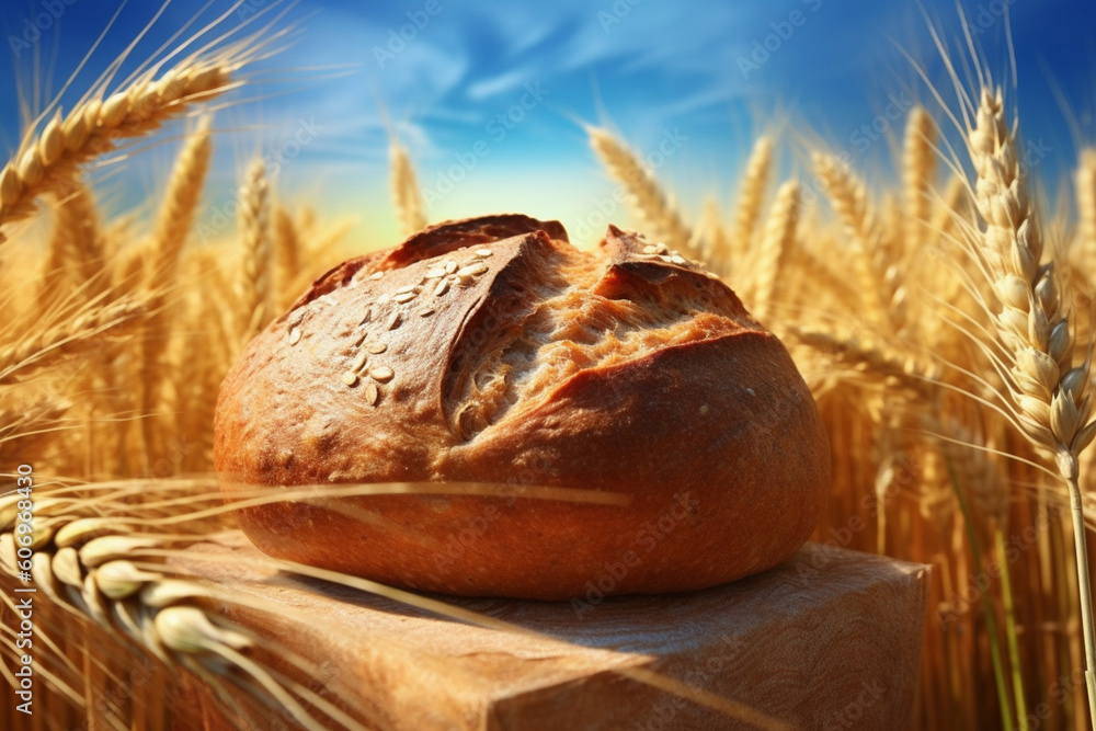 Poster an image of a freshly baked loaf of bread surrounded by wheat ears, emphasizing the journey from gra