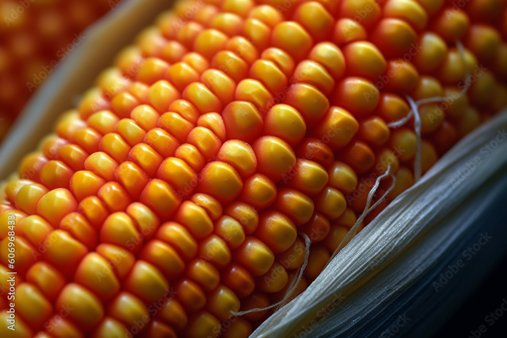 Poster  A macro photograph of a single maize corn kernel, highlighting its unique texture and color, capturing the intricacies of nature's design.  Generative AI technology.