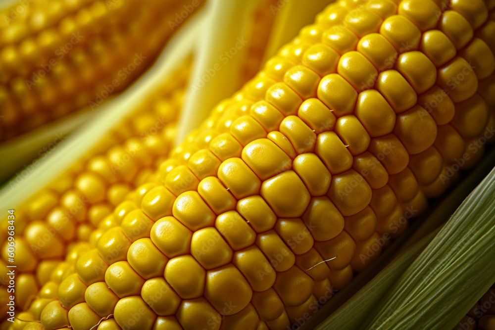 Poster  A close-up photograph of a fresh maize corn cob, showcasing the vibrant yellow kernels and the intricate pattern of the husk. Generative AI technology.