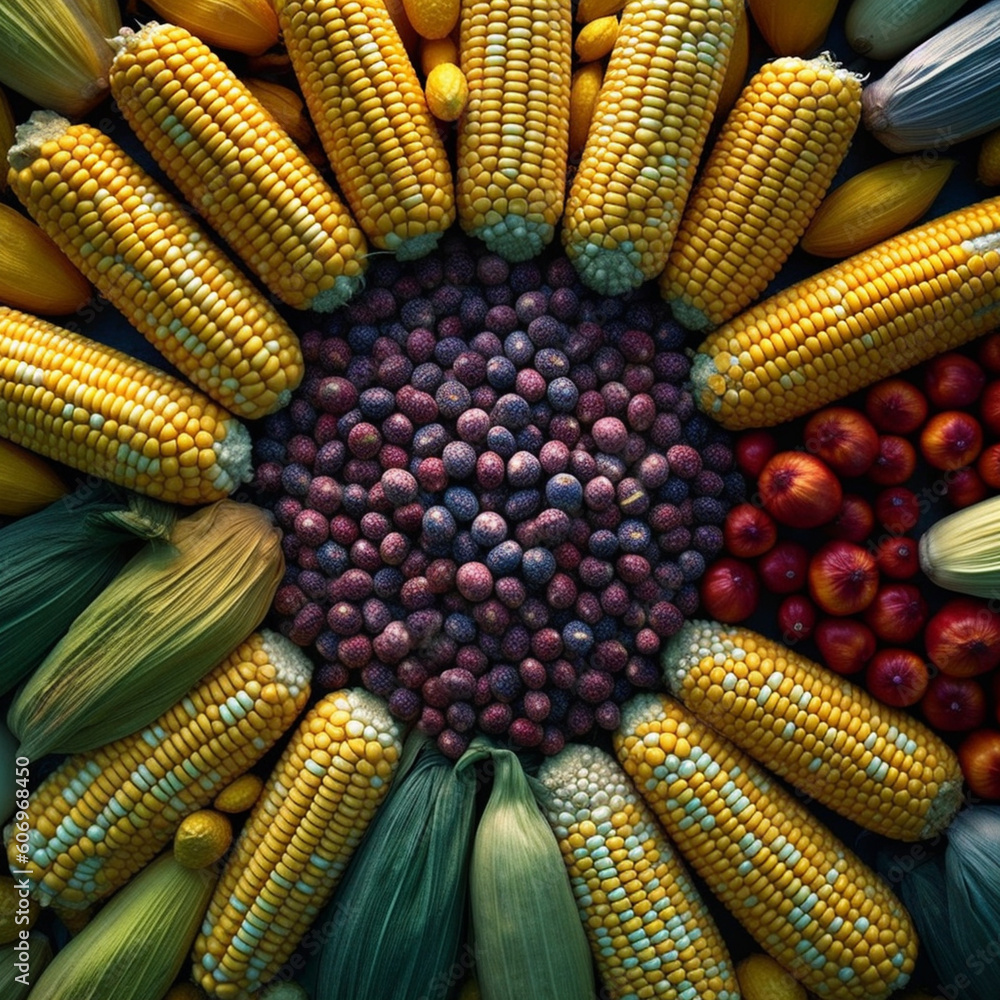Poster an overhead shot of a farmer's market stall displaying an array of colorful maize corn varieties, sh