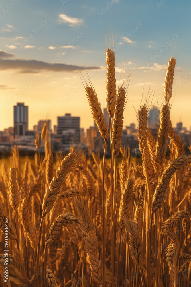 Aufkleber A composite image of wheat ears blending into a city skyline, symbolizing the connection between rural and urban environments   Generative AI technology.