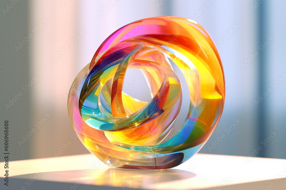 Poster an abstract sculpture made of transparent materials, capturing the essence of lightness and transpar