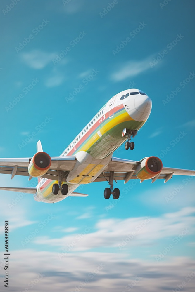 Poster a time-lapse image of an airplane taking off or landing, capturing the dynamic motion and energy of 