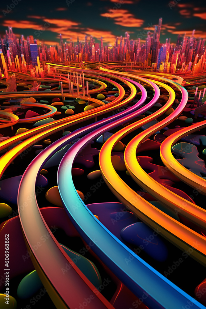Aufkleber An artistic rendering of a road with vibrant colors and abstract shapes, capturing the dynamic and energetic nature of travel and movement.  Generative AI technology.